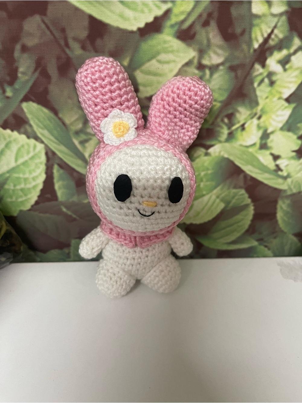 Handmade Pink & White Crochet Bunny Plush with Flower Accent